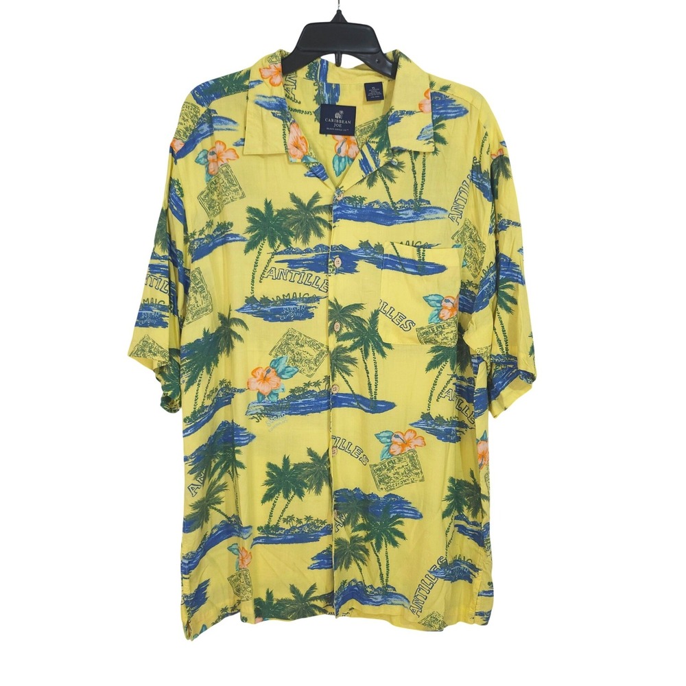 Caribbean Joe Antilles Jamaica Hawaiian Shirt Mens XL Yellow Tropical Palm Trees